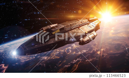 Spaceship Flying Over Earth in Space 113466523