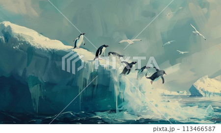 Group of penguins and Birds Flying Over Iceberg 113466587
