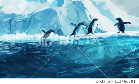 Group of Penguins Swimming in the Ocean 113466591