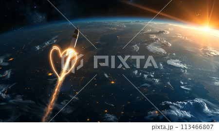 Heart Shaped Rocket Soaring Above Earth 113466807