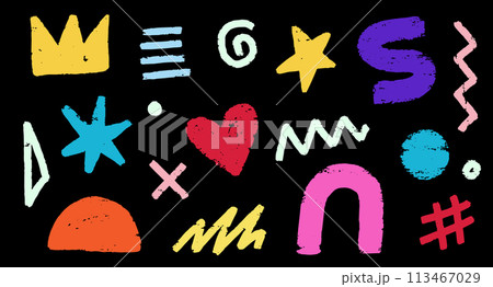 Abstract element shape set. Color graphic modern abstract sticker element. Doodle geometric collage star, crown, heart shape set. Hand drawn texture grunge sketch brush effect. Vector Abstract element shape set. Color graphic modern abstract sticker element. Doodle geometric collage star, crown, heart shape set. Hand drawn texture grunge sketch brush effect. Vector 113467029