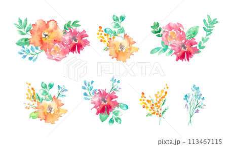 水彩画。水彩タッチの花と草木のベクターイラスト。植物のフレーム。 113467115