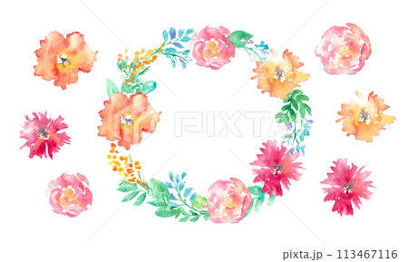 水彩画。水彩タッチの花と草木のベクターイラスト。植物のフレーム。 113467116