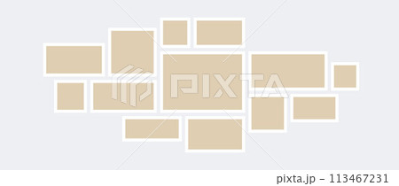 Moodboard or photo collage template. Mosaic art grid arrangement. Beige picture frame horizontal composition. Wall gallery layout design concept for presentation, poster, mockup, banner, flyer. Vector 113467231