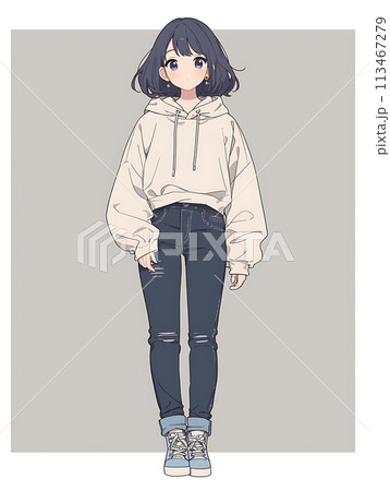 アニメ風カジュアル女子全身立ち絵 AI生成のイラスト素材