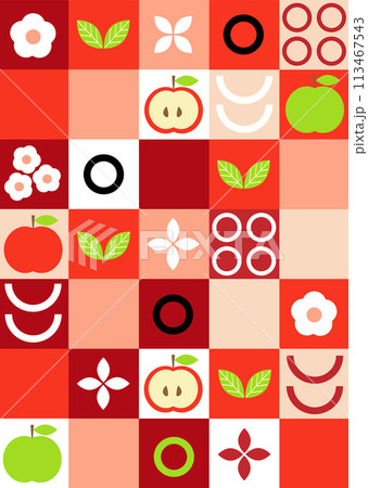 Modern geometric background. Abstract nature: flowers, leaves and fruits, fruits. Set of icons in flat geometric minimalist style. Bauhaus, botany. Seamless pattern. Vector illustration. 113467543