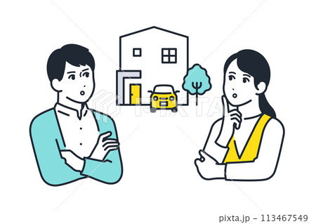 戸建ての住宅ローンについて考える若い夫婦のシンプルなベクターイラスト素材 113467549