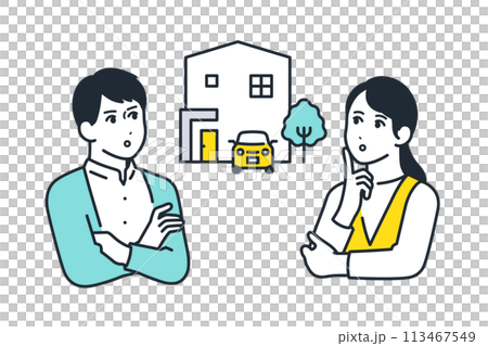 戸建ての住宅ローンについて考える若い夫婦のシンプルなベクターイラスト素材 113467549
