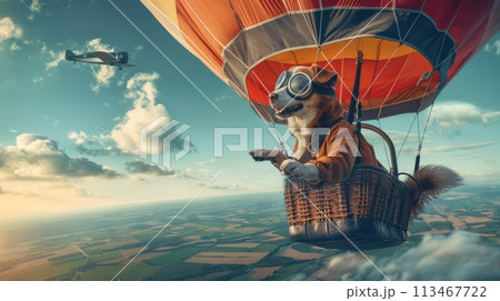 Dog in Hot Air Balloon Flying Through the Sky 113467722