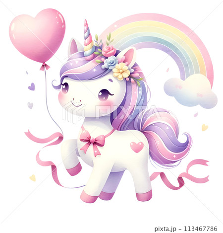 cartoon unicorn with balloonsのイラスト素材 [113467786] PIXTA