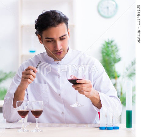 Male chemist examining wine samples at lab 113468139