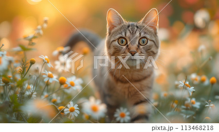 春の草原をさんぽする猫 　AI生成画像 113468218