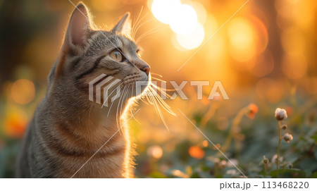 春の草原をさんぽする猫 　AI生成画像 113468220