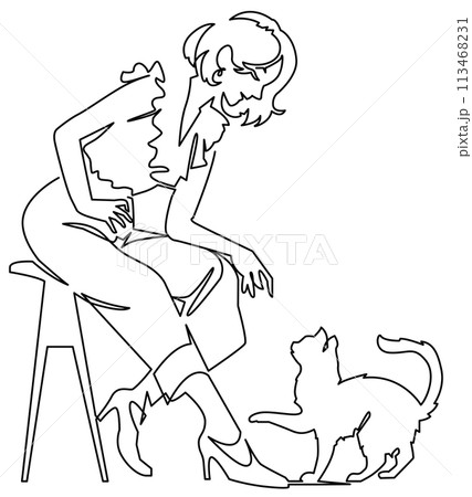 一筆書き-猫と遊ぶ女性 113468231