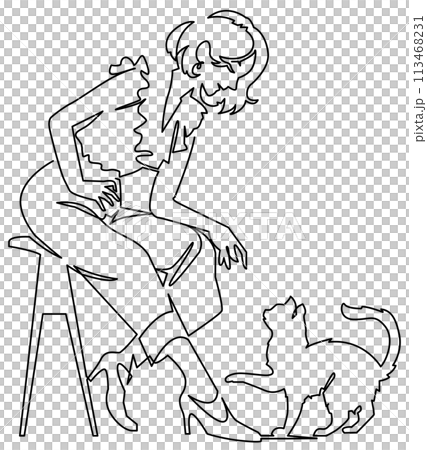 一筆書き-猫と遊ぶ女性 113468231