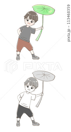 葉っぱの傘を持ったコビト（小人）の男の子 113468359