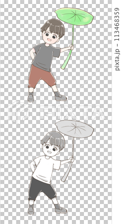 葉っぱの傘を持ったコビト（小人）の男の子 113468359