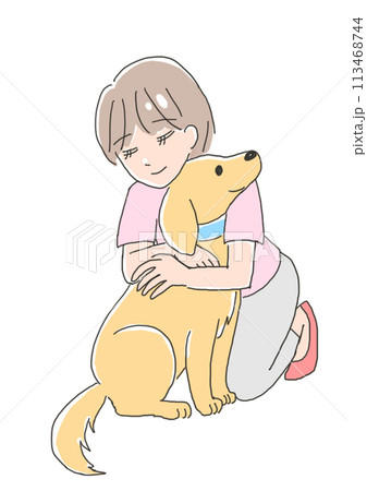 女の子にハグされている犬 女の子にハグされている犬 113468744