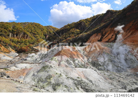 登別地獄谷の枯れ果てた山肌 登別温泉 113469142