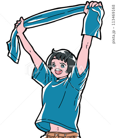 タオルを掲げてスポーツ観戦を楽しむ女の子 タオルを掲げてスポーツ観戦を楽しむ女の子 113469168