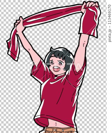 拿著毛巾享受觀看運動比賽的女孩 113469170