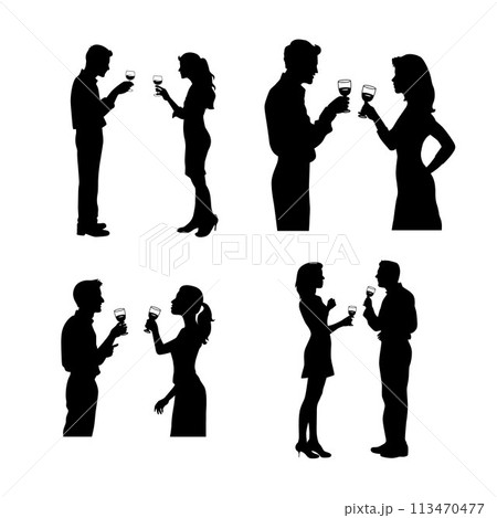 Man and woman drinking wine together. Business people meeting and drinking wine vector silhouette isolated on white Man and woman drinking wine together. Business people meeting and drinking wine vector silhouette isolated on white 113470477