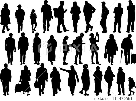 老若男女様々な人々のシルエットイラストセット 113470561