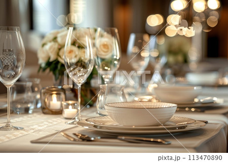 A table with two white plates and two wine glasses. Luxury dinner 113470890