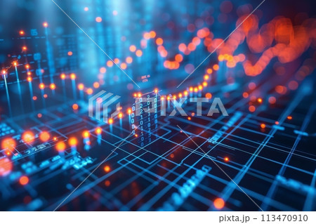 A city skyline is shown in red and blue with a lot of dots. finance and technology background 113470910