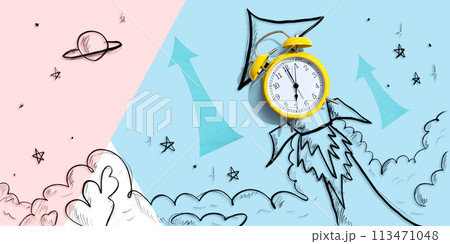 Alarm clock flying to the sky like a rocket 113471048