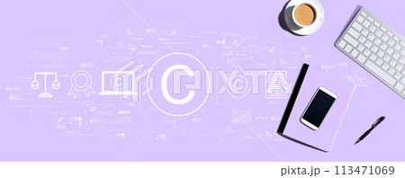 Copyright concept with computer keyboard and office items Copyright concept with computer keyboard and office items 113471069