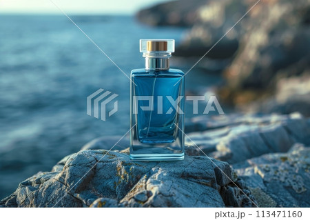 A Luxury bottle of perfume is sitting on a rock by the water A Luxury bottle of perfume is sitting on a rock by the water 113471160