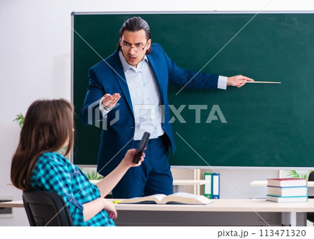 Young handsome teacher and female student in the classroom 113471320
