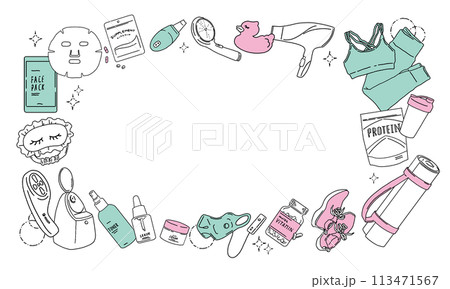 美容家電やヨガウェア、サプリメントなどのスキンケアのベクターフレーム素材 美容家電やヨガウェア、サプリメントなどのスキンケアのベクターフレーム素材 113471567