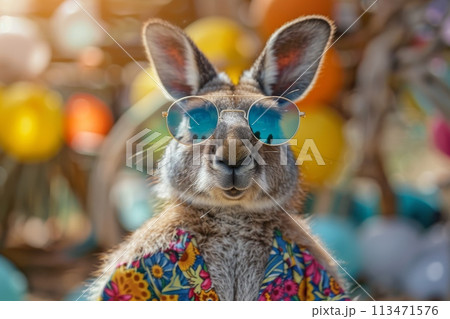 Three kangaroos are dressed in Hawaiian shirts and standing on a wooden deck 113471576