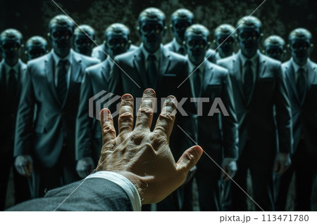 A hand is reaching out to a group of people in suits 113471780