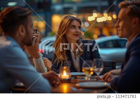 A group of people are sitting at a table with wine glasses and plates of food 113471781