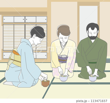茶道体験をする欧米人のシニアの男女 113471837
