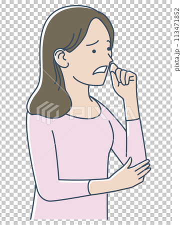 一名患有花粉症且鼻子發癢的女性 一名患有花粉症且鼻子發癢的女性 113471852