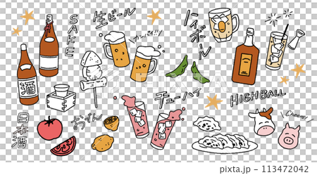 大衆居酒屋の日本酒、チューハイなどのお酒、おつまみなどの手書きベクターイラスト素 113472042