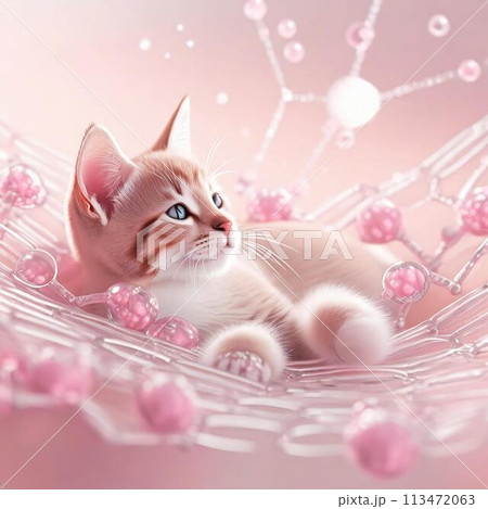 ピンクの花とかわいい猫とピンク色の背景、AI生成画のイラスト素材 ピンクの花とかわいい猫とピンク色の背景、AI生成画のイラスト素材