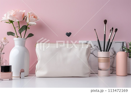 A vanity table with a white purse, a vase of flowers, and a bottle of perfume 113472169
