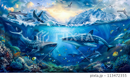 Fantasy paradise beautiful underwater sea and snow mountain with shark fish, coral reef and bird. 113472355