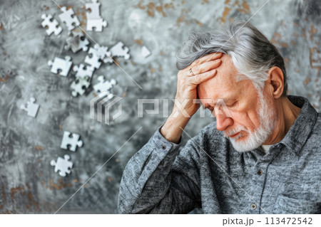 AI generated Portrait of senior old thinking man suffering from dementia with sitting at home 113472542