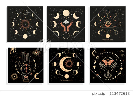 Banner set Mystical moon phases and woman hands and moth, alchemy esoteric magic space, sacred wheel of the year, vector isolated on black background 113472618