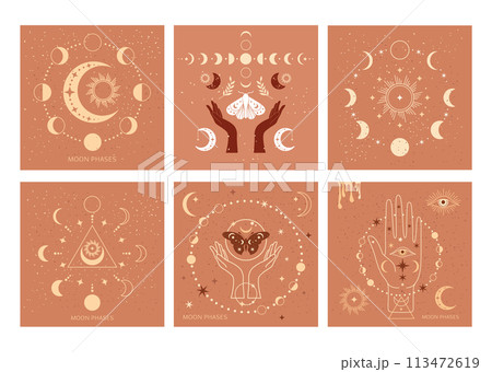 Banner set Mystical moon phases and woman hands and moth, alchemy esoteric magic space, sacred wheel of the year, vector isolated on color background Banner set Mystical moon phases and woman hands and moth, alchemy esoteric magic space, sacred wheel of the year, vector isolated on color background 113472619