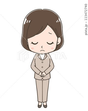 謝罪をするビジネスウーマンの全身イラスト 113472740