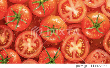 整列したトマトを俯瞰で撮影した画像 113472967