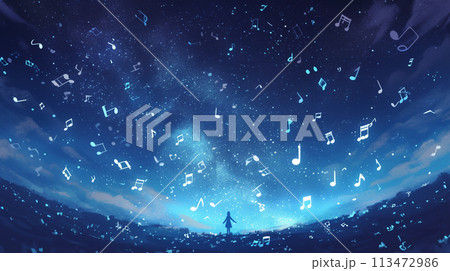 宇宙に手を広げる人物と音符 背景 宇宙に手を広げる人物と音符 背景 113472986