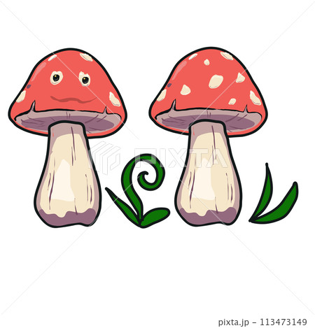 Illustration of a cartoon mushroom fly agaric detailed. Red spotted cap two variants with a face and a BKZ. Vector illustration. Illustration of a cartoon mushroom fly agaric detailed. Red spotted cap two variants with a face and a BKZ. Vector illustration. 113473149